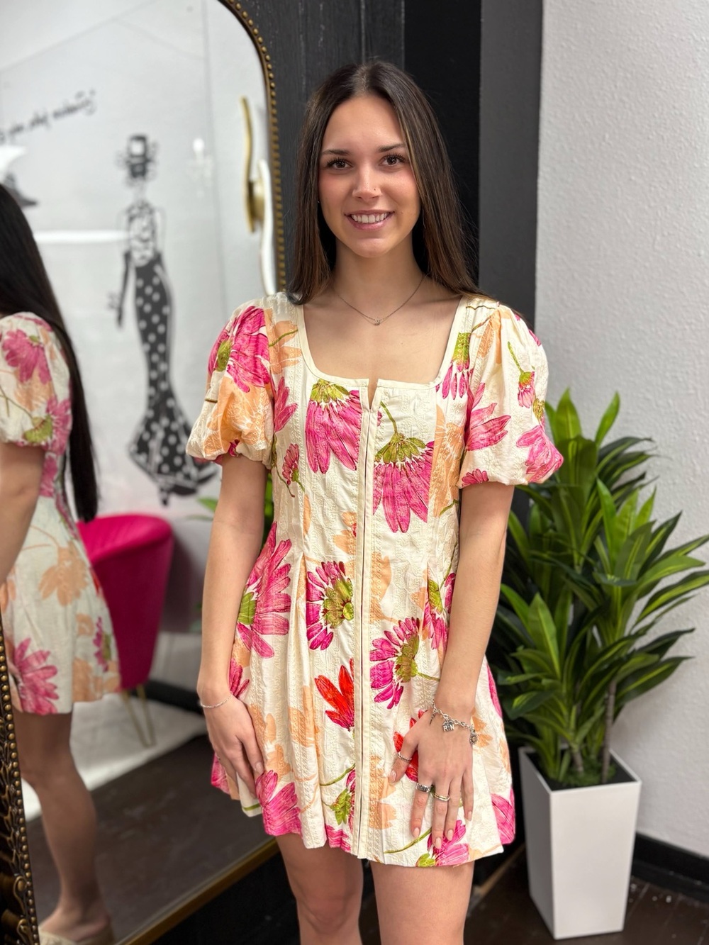 Floral Square-Neck Mini Dress in Pink and Cream